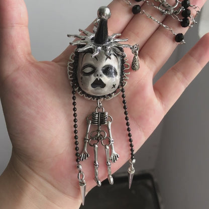 Jester Hat Doll Face With Skeleton Necklace