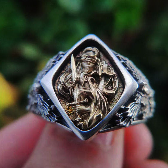 Justitia Lady Justice Sterling Silver Ring Sunro Raven