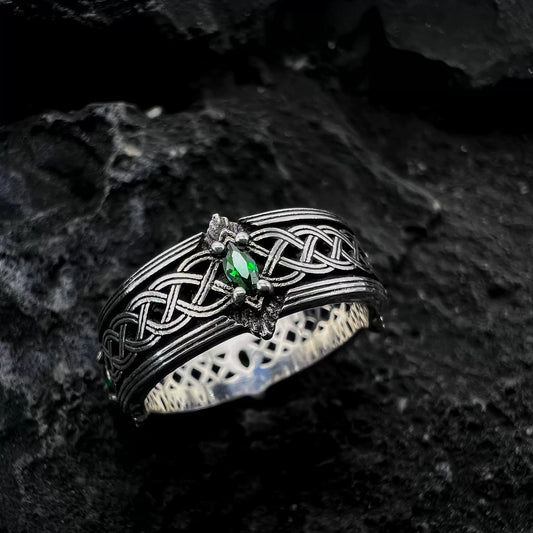 Marquise Cut Emerald Hollow Knot Silver Ring Band