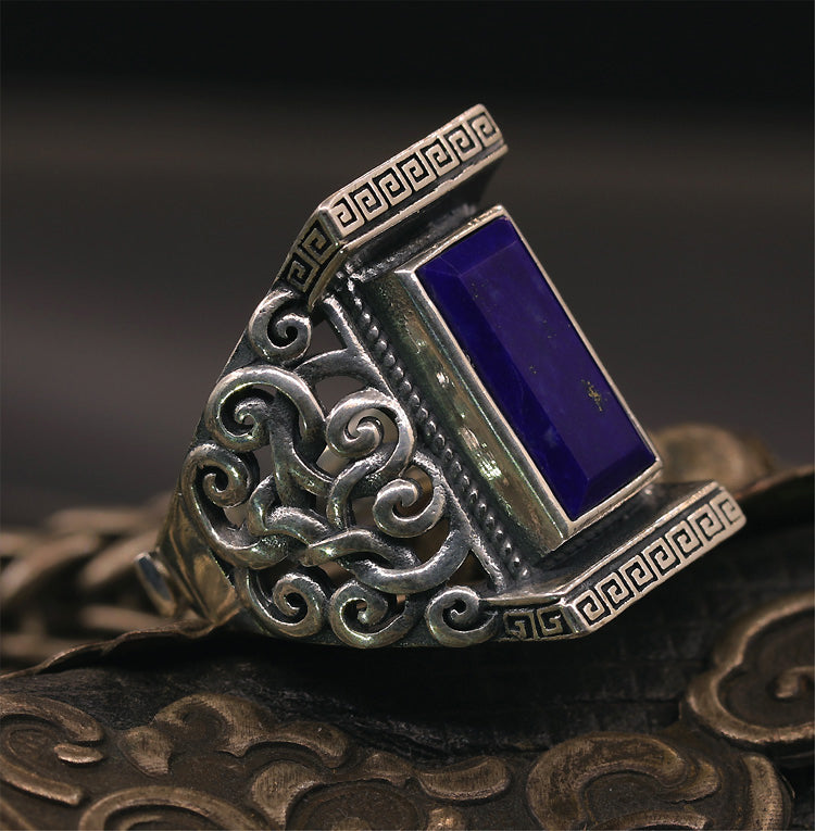 Lazurite Stone Inlaid 999 Sterling Silver Ring Sunro Raven