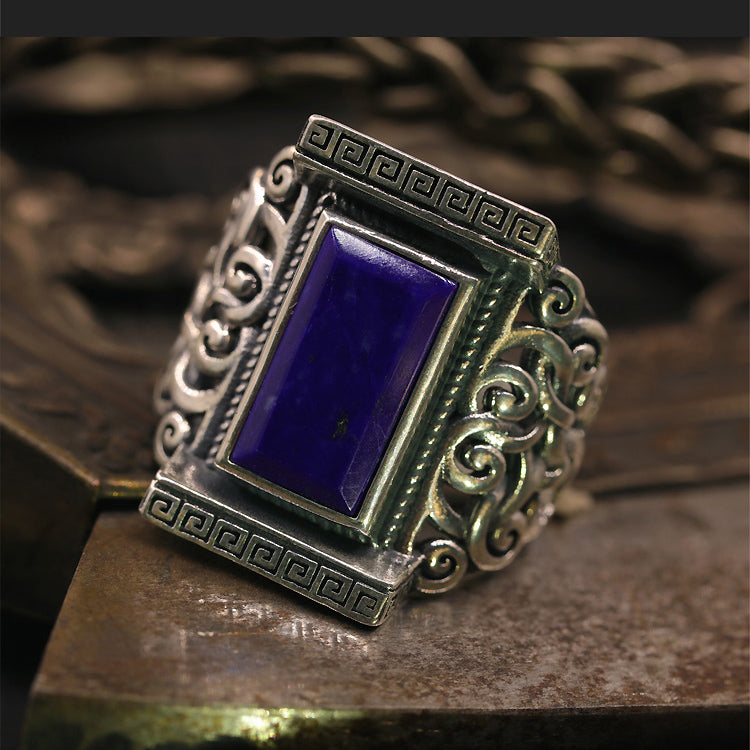 Lazurite Stone Inlaid 999 Sterling Silver Ring Sunro Raven