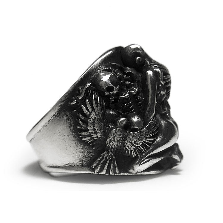 Raven Skull Naked Body Sterling Silver Ring