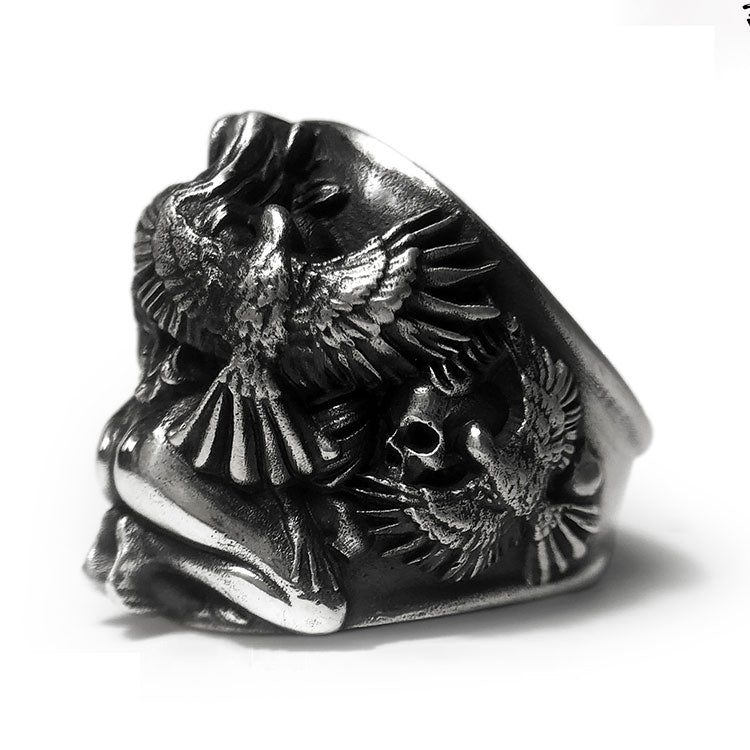 Raven Skull Naked Body Sterling Silver Ring