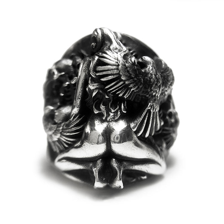 Raven Skull Naked Body Sterling Silver Ring