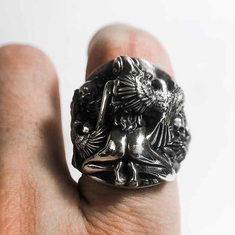 Raven Skull Naked Body Sterling Silver Ring